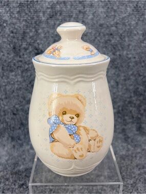 Vintage Tienshan Country Bear Small 6-5/8” Canister & Lid Teddybear Bow